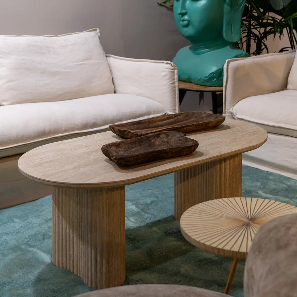Verona travertine coffee table with oval top and fluted twin base. Elegant natural stone design for modern living rooms. By AK Interior Living.