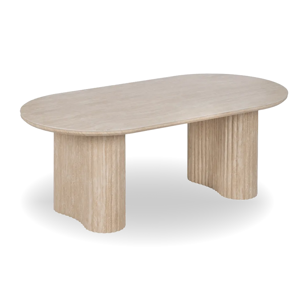Verona travertine coffee table with oval top and fluted twin base. Elegant natural stone design for modern living rooms. By AK Interior Living.