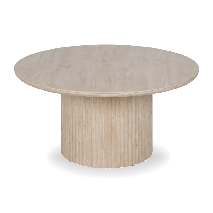 Capri travertine round coffee table with fluted base. Elegant, timeless design perfect for modern or classic living spaces. By AK Interior Living.