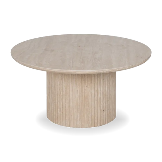Capri travertine round coffee table with fluted base. Elegant, timeless design perfect for modern or classic living spaces. By AK Interior Living.