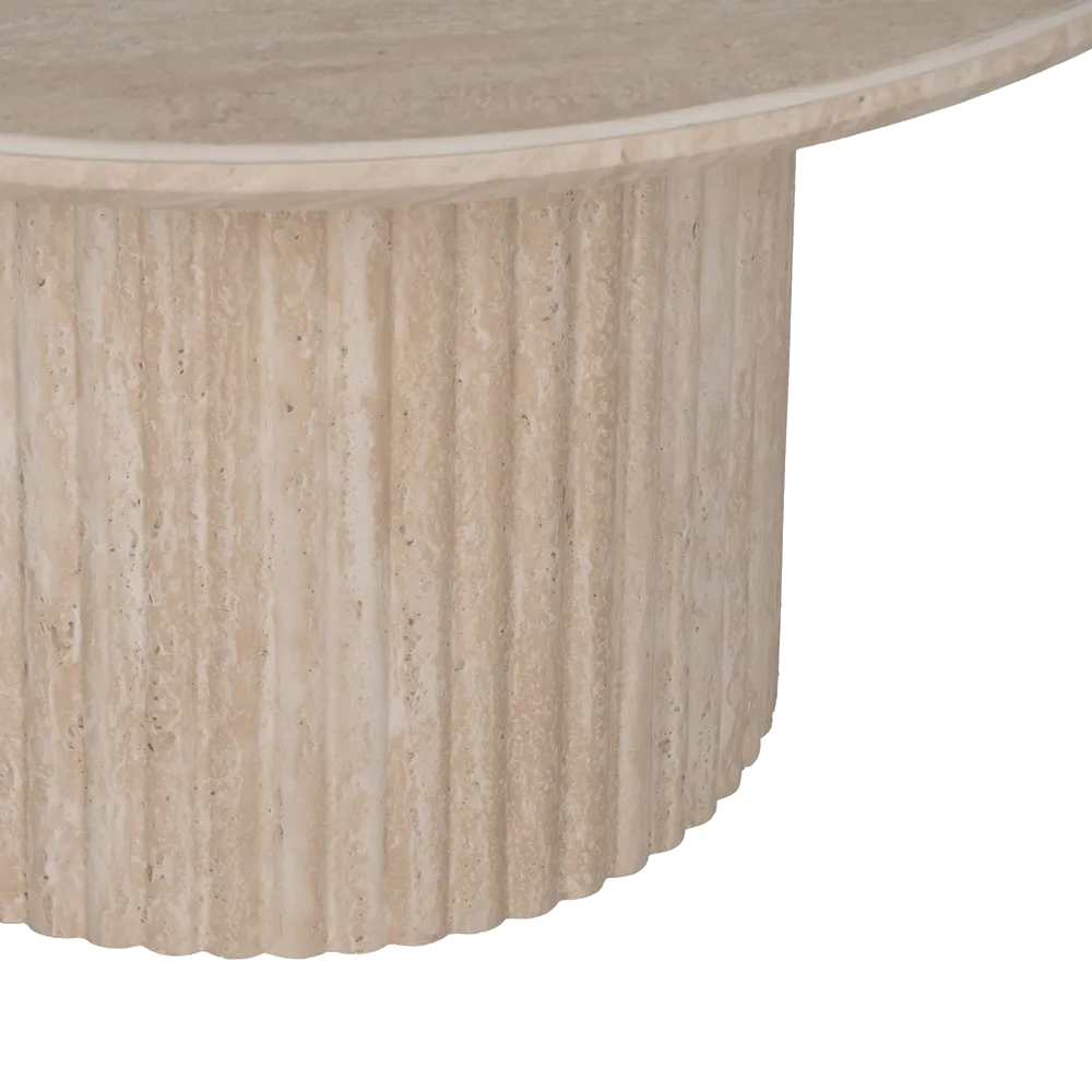 Capri travertine round coffee table with fluted base. Elegant, timeless design perfect for modern or classic living spaces. By AK Interior Living.