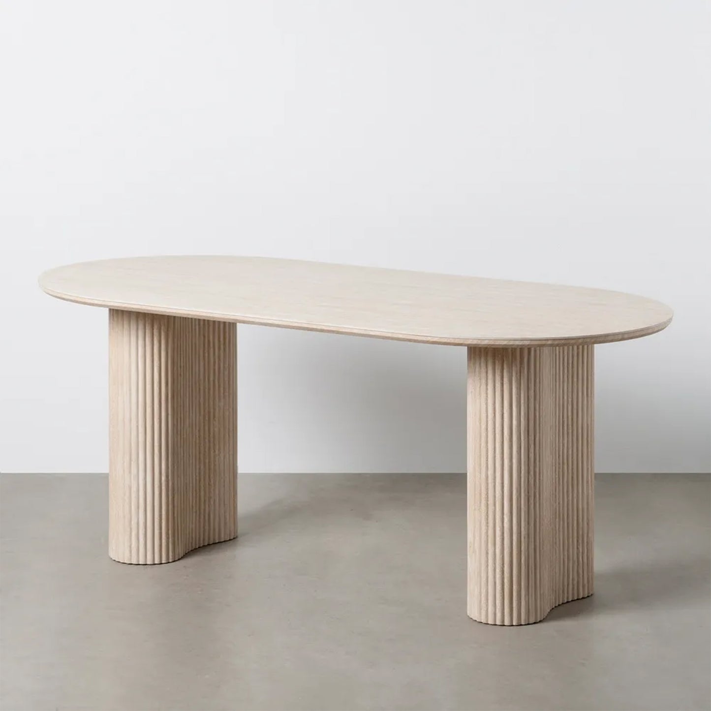 Bruno Dining Table Stone Beige with oval top and fluted legs in modern beige MDF finish, 180 cm