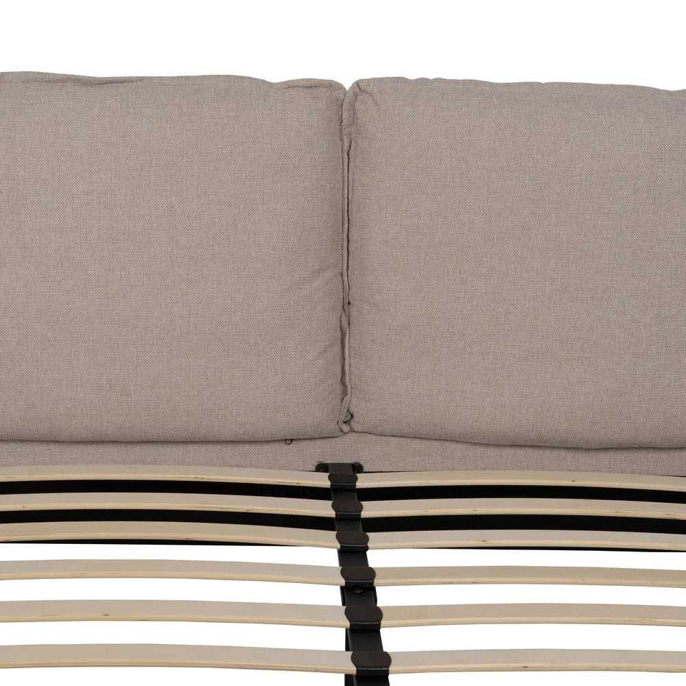 Nil upholstered bed in beige fabric with soft headboard and black metal legs