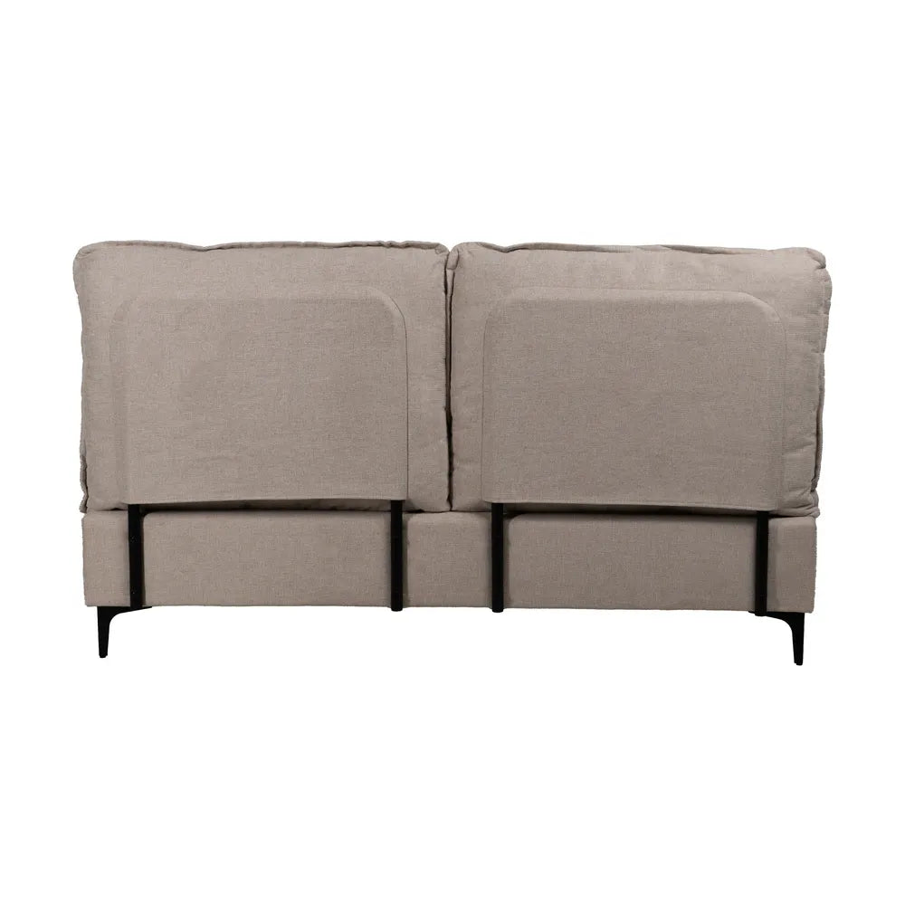 Nil upholstered bed in beige fabric with soft headboard and black metal legs