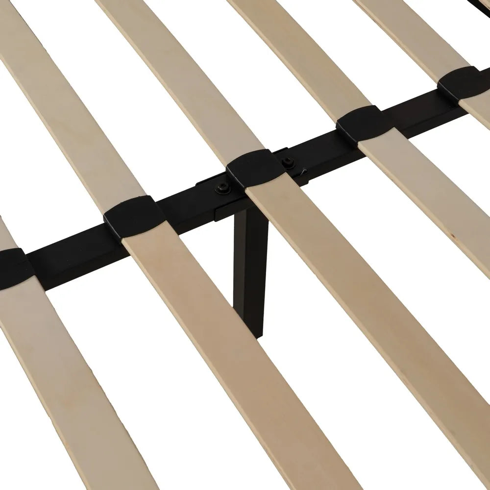 Nil upholstered bed in beige fabric with soft headboard and black metal legs