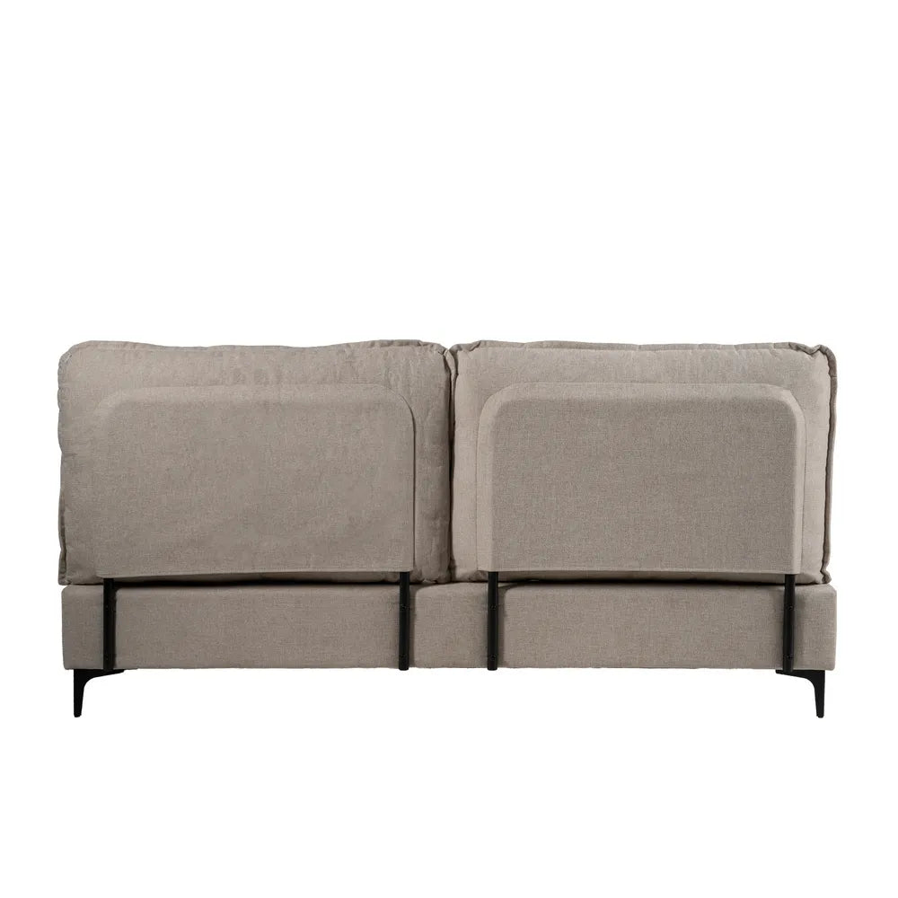 Pablo king size upholstered bed with beige fabric, cushioned headboard and black metal legs