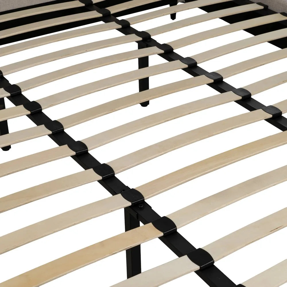 Pablo king size upholstered bed with beige fabric, cushioned headboard and black metal legs
