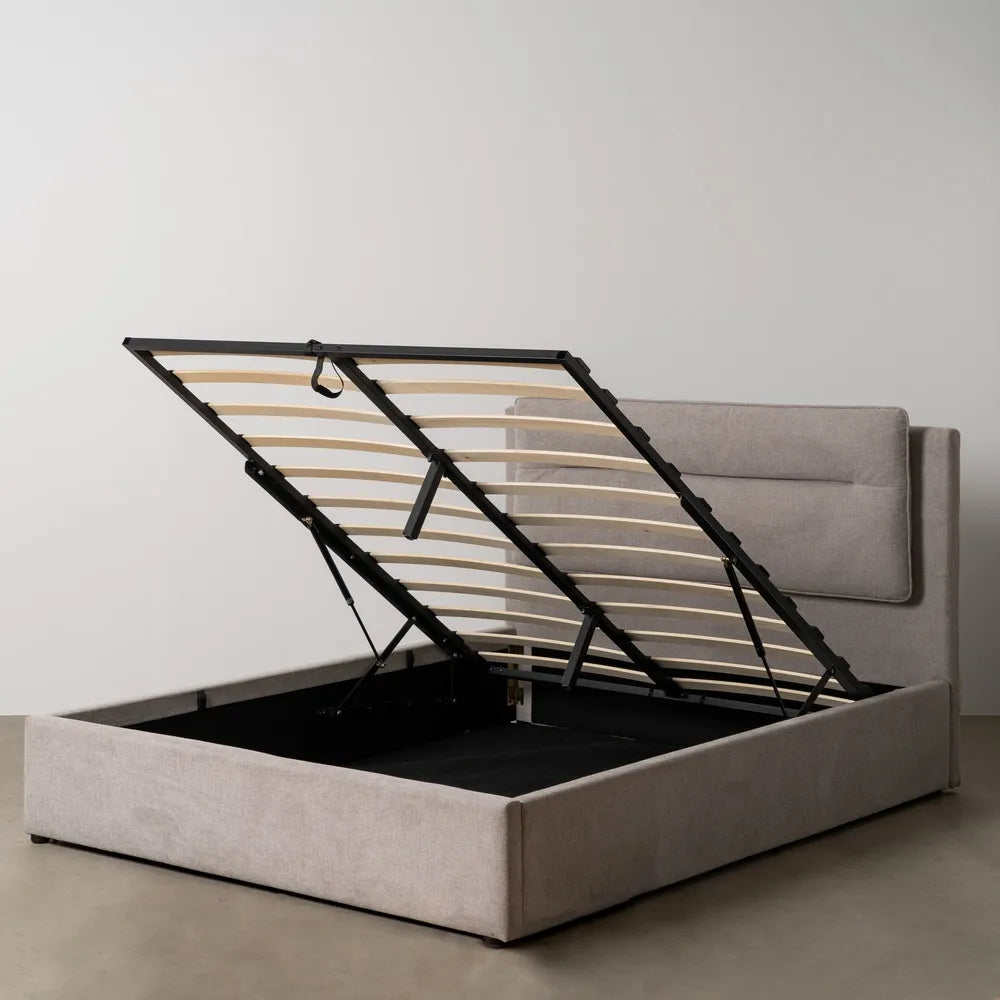 Pedro grey upholstered storage bed with lift-up base and cushioned headboard