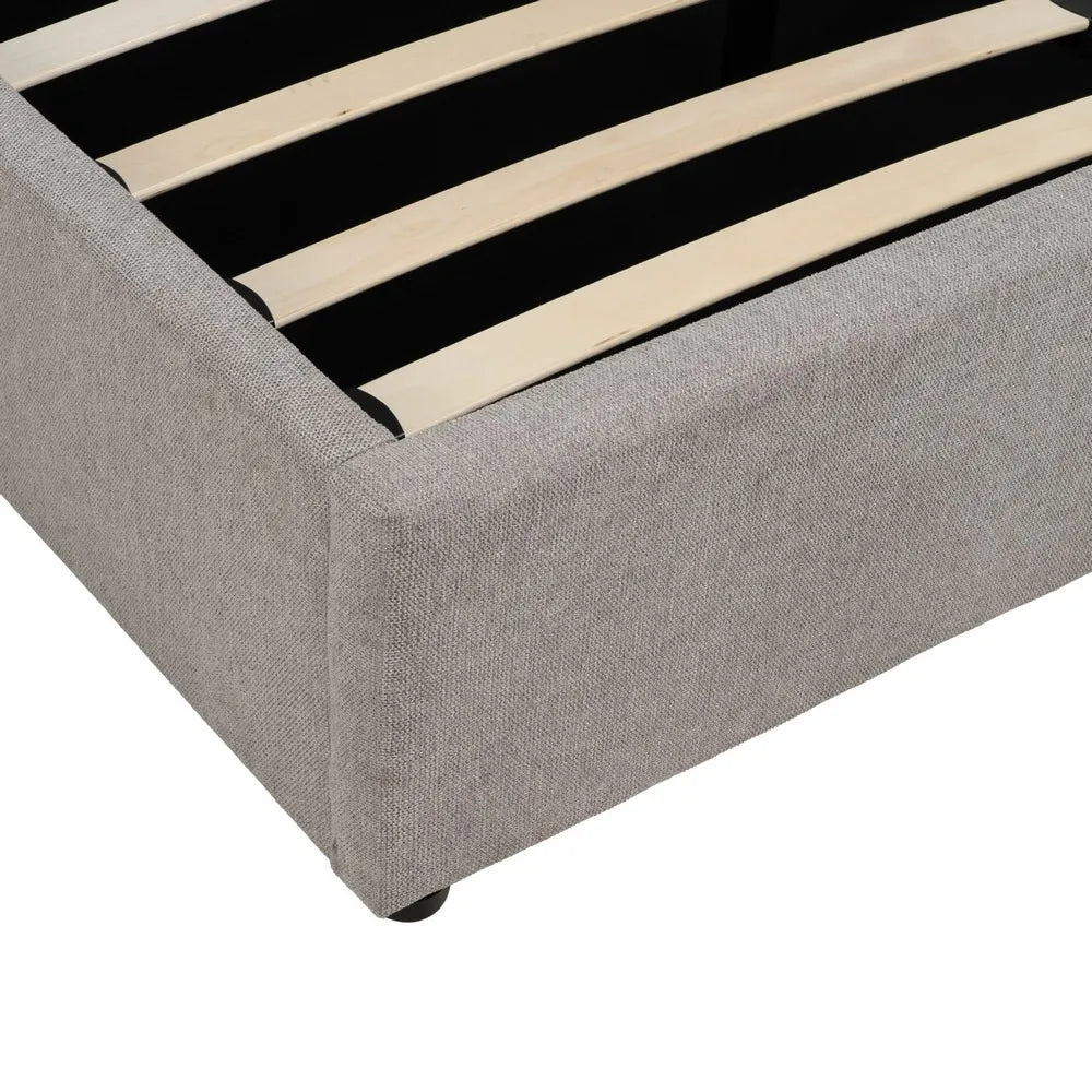 Pedro grey upholstered storage bed with lift-up base and cushioned headboard