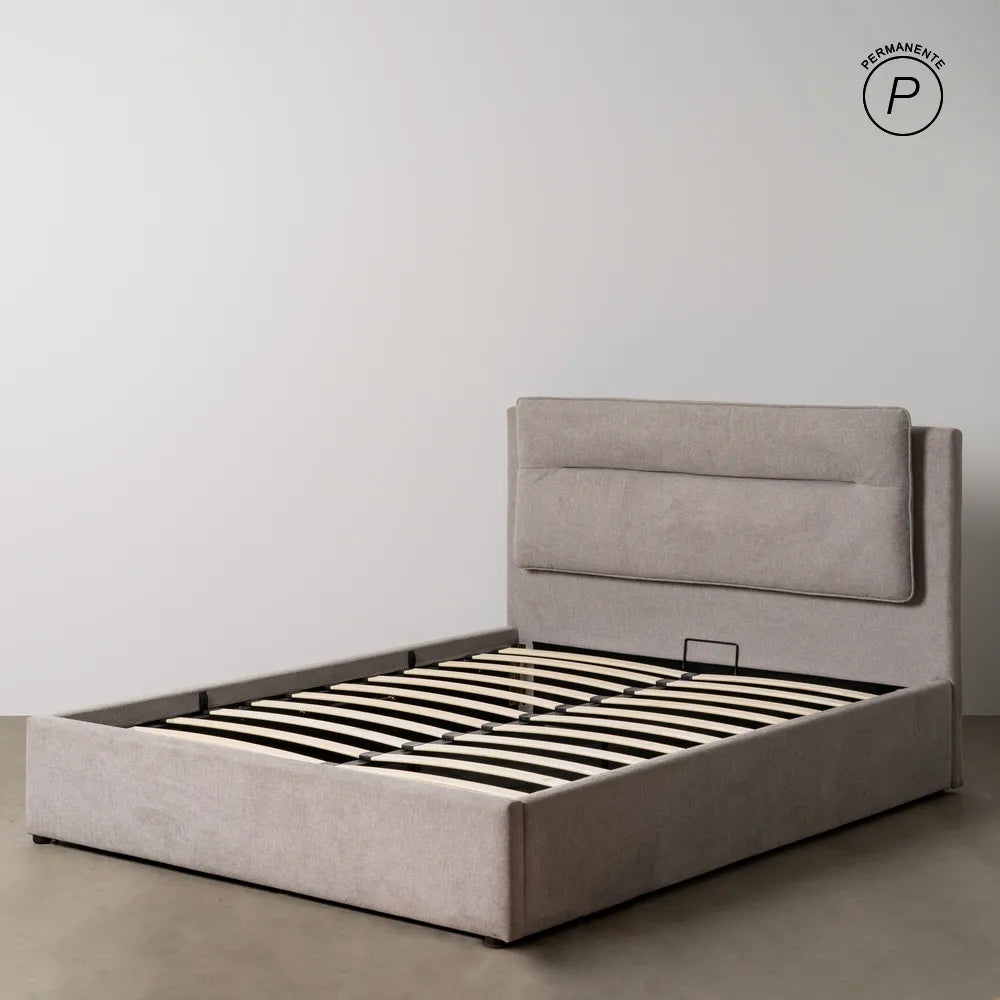 Pedro grey upholstered storage bed with lift-up base and cushioned headboard