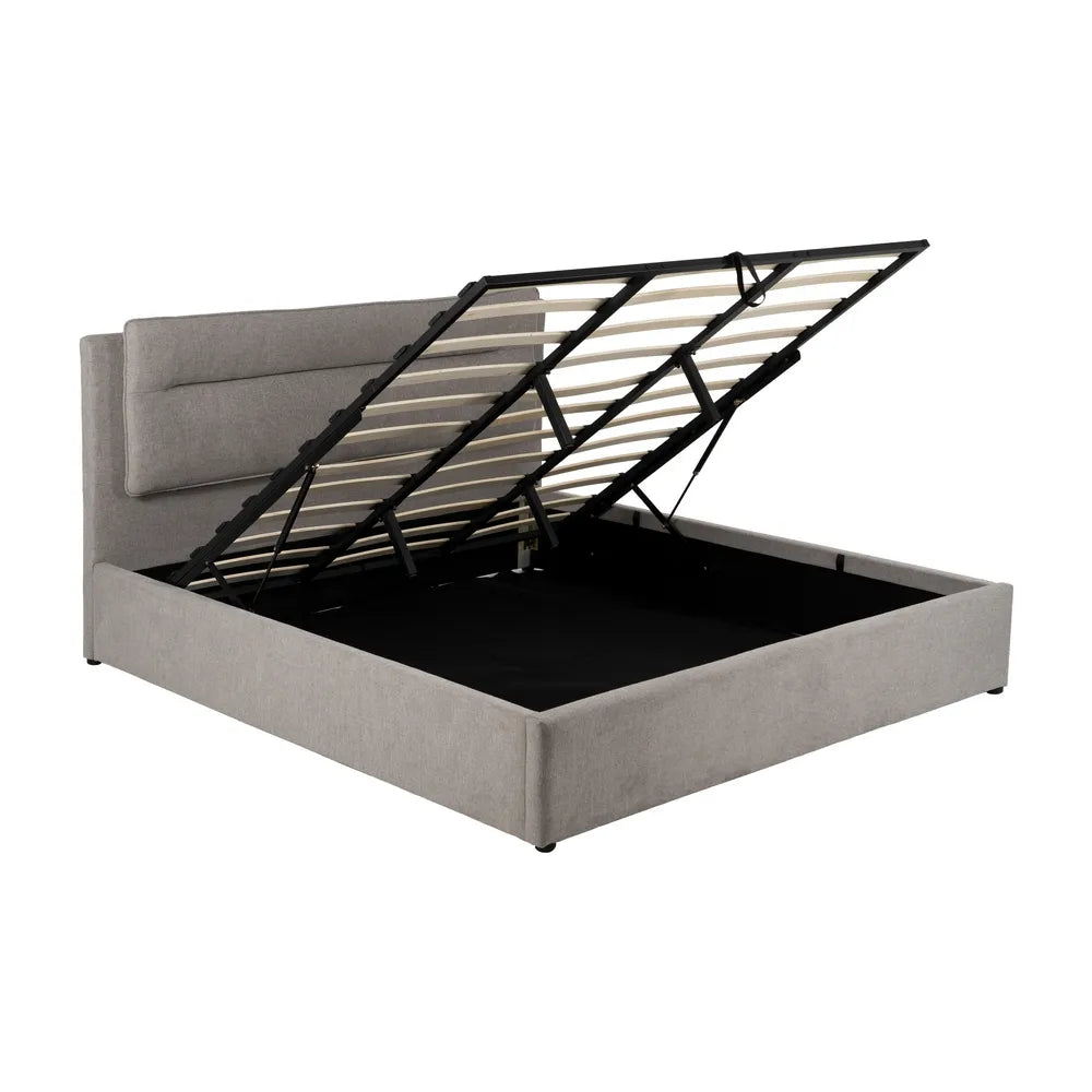 Pol grey upholstered storage bed with high padded headboard and lift-up slatted base