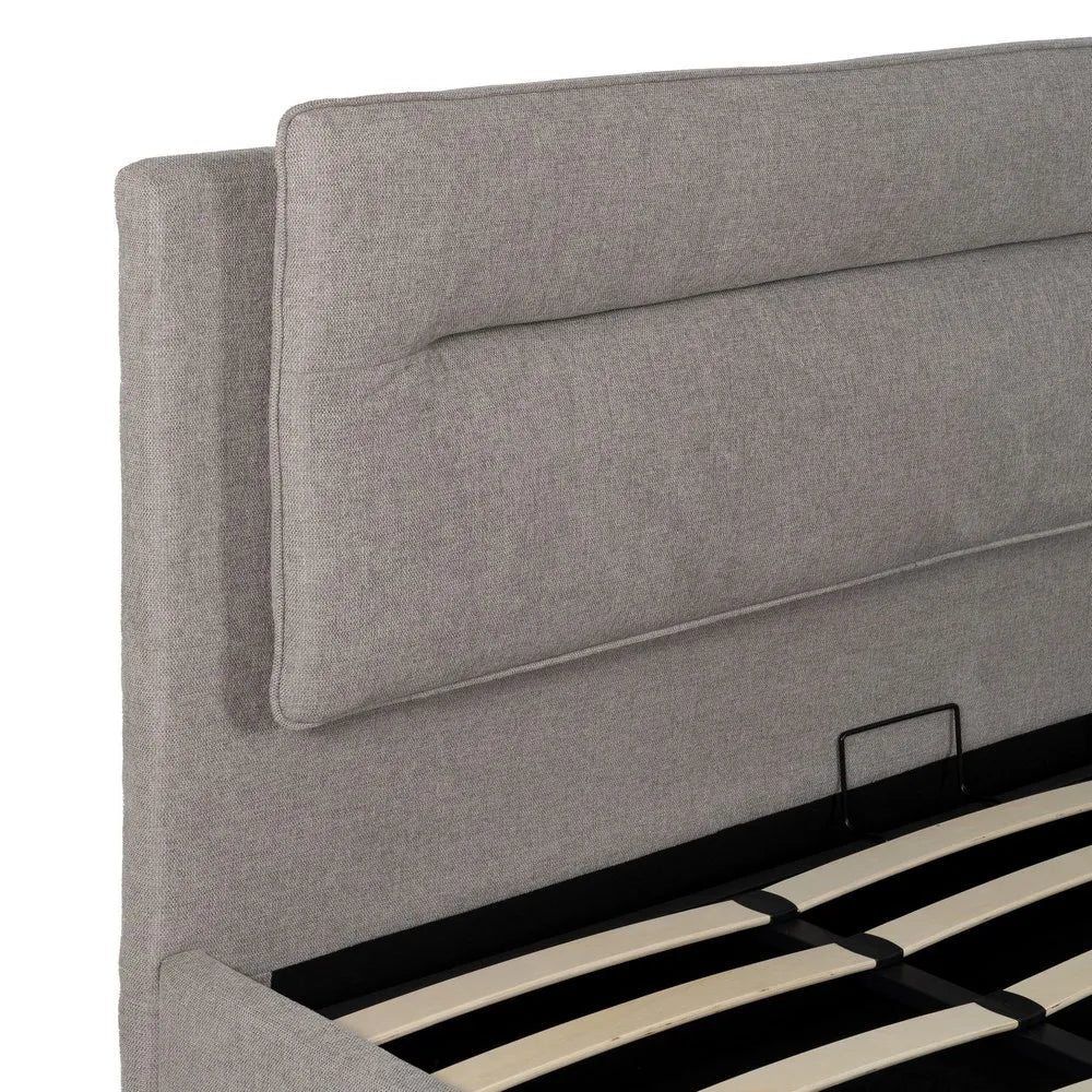 Pol grey upholstered storage bed with high padded headboard and lift-up slatted base