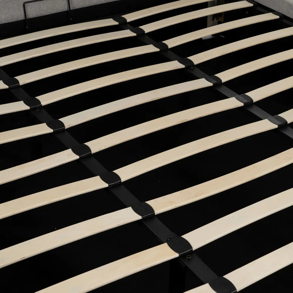 Pol grey upholstered storage bed with high padded headboard and lift-up slatted base