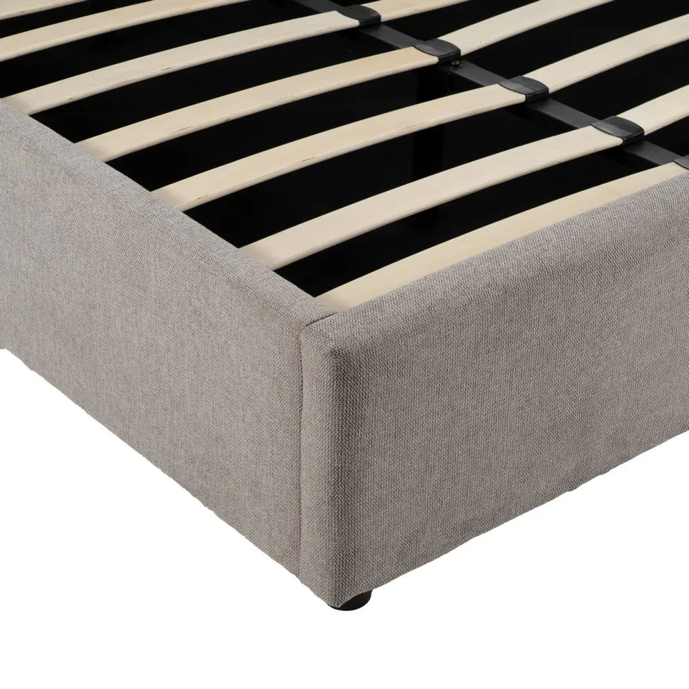 Pol grey upholstered storage bed with high padded headboard and lift-up slatted base