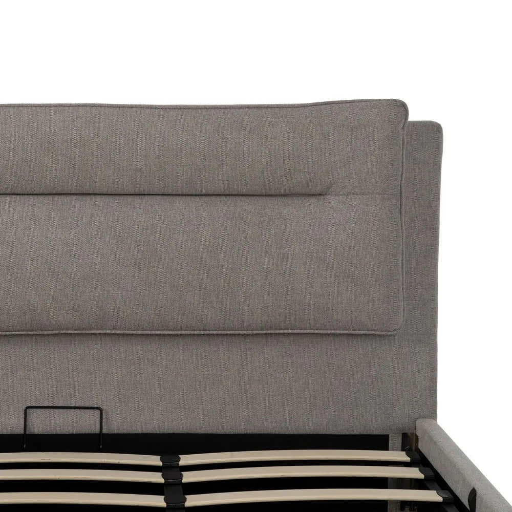 Pol grey upholstered storage bed with high padded headboard and lift-up slatted base