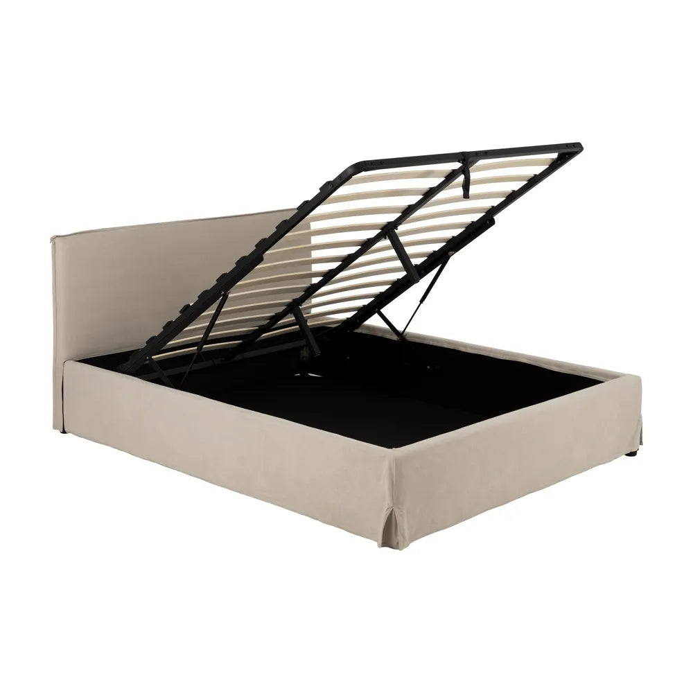 Rafael beige fabric storage bed with minimalist headboard and lift-up slatted frame