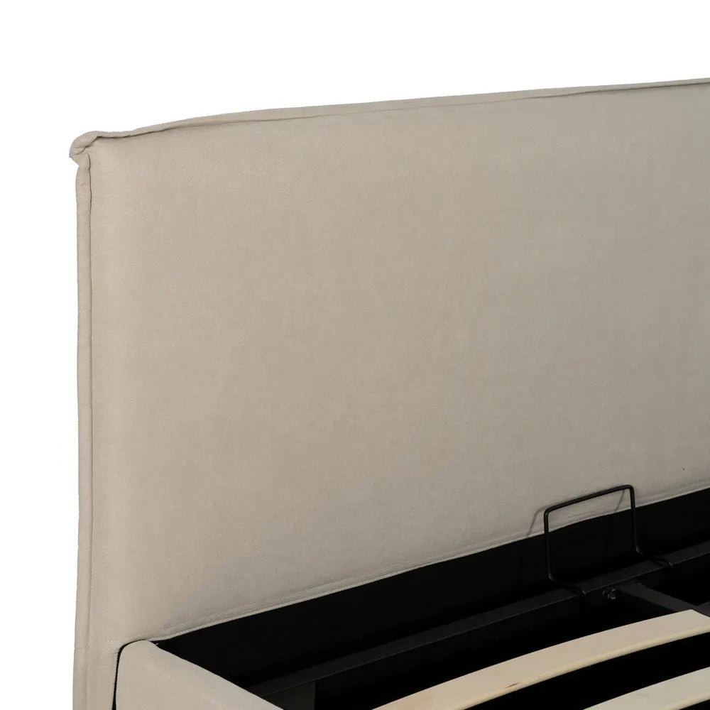 Rafael beige fabric storage bed with minimalist headboard and lift-up slatted frame
