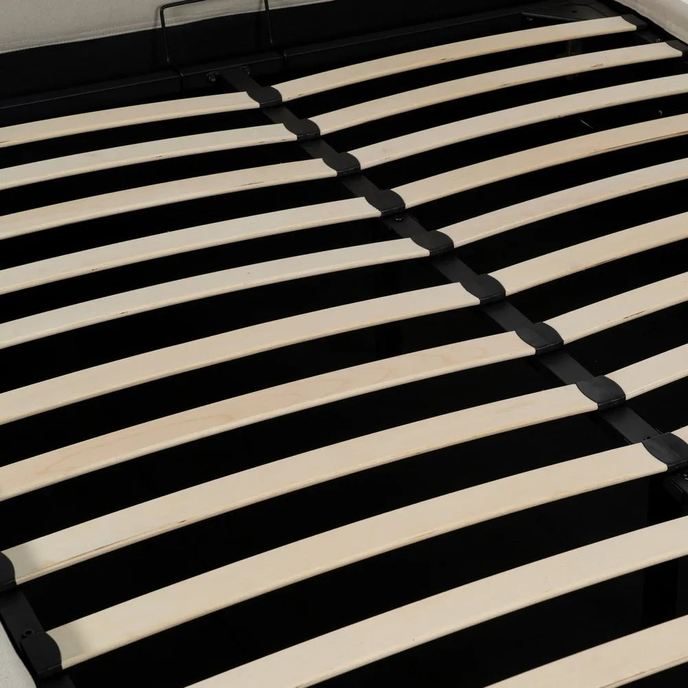 Rafael beige fabric storage bed with minimalist headboard and lift-up slatted frame