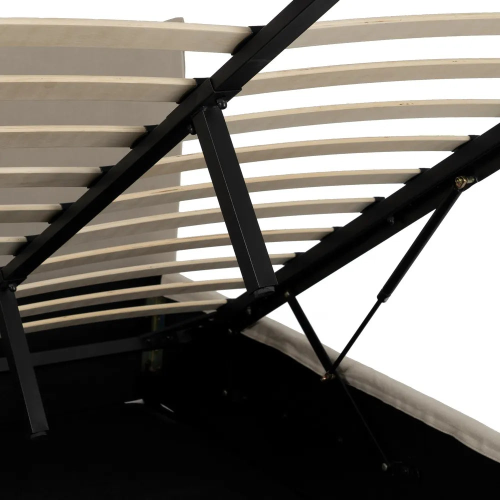 Rafael beige fabric storage bed with minimalist headboard and lift-up slatted frame