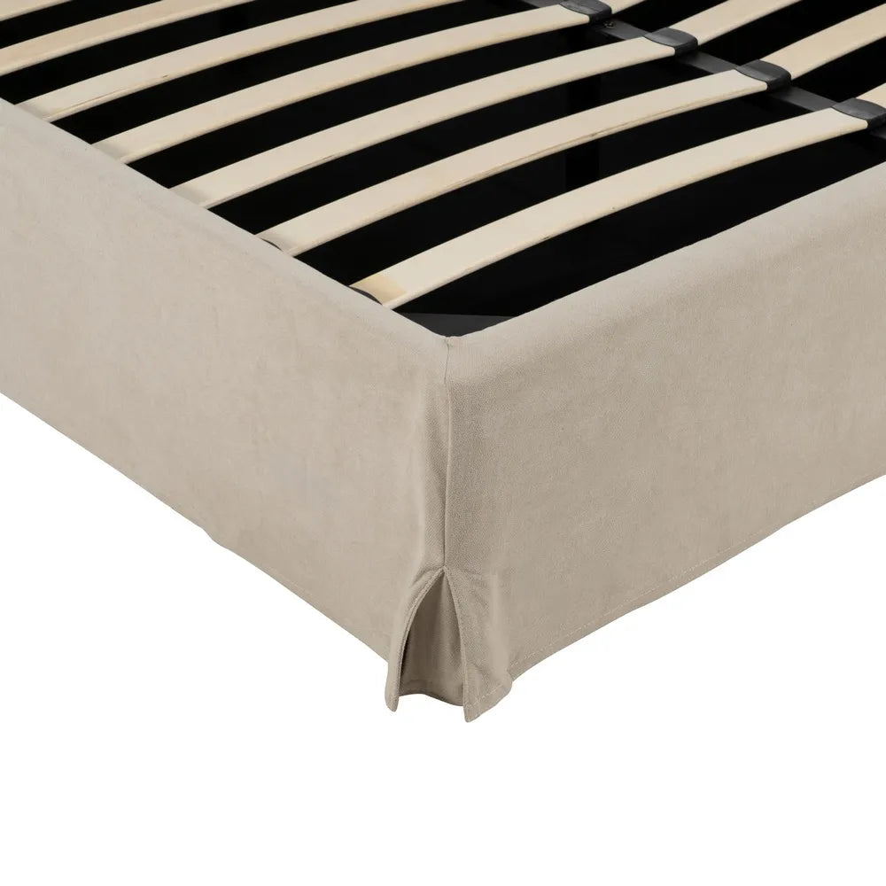 Rafael beige fabric storage bed with minimalist headboard and lift-up slatted frame