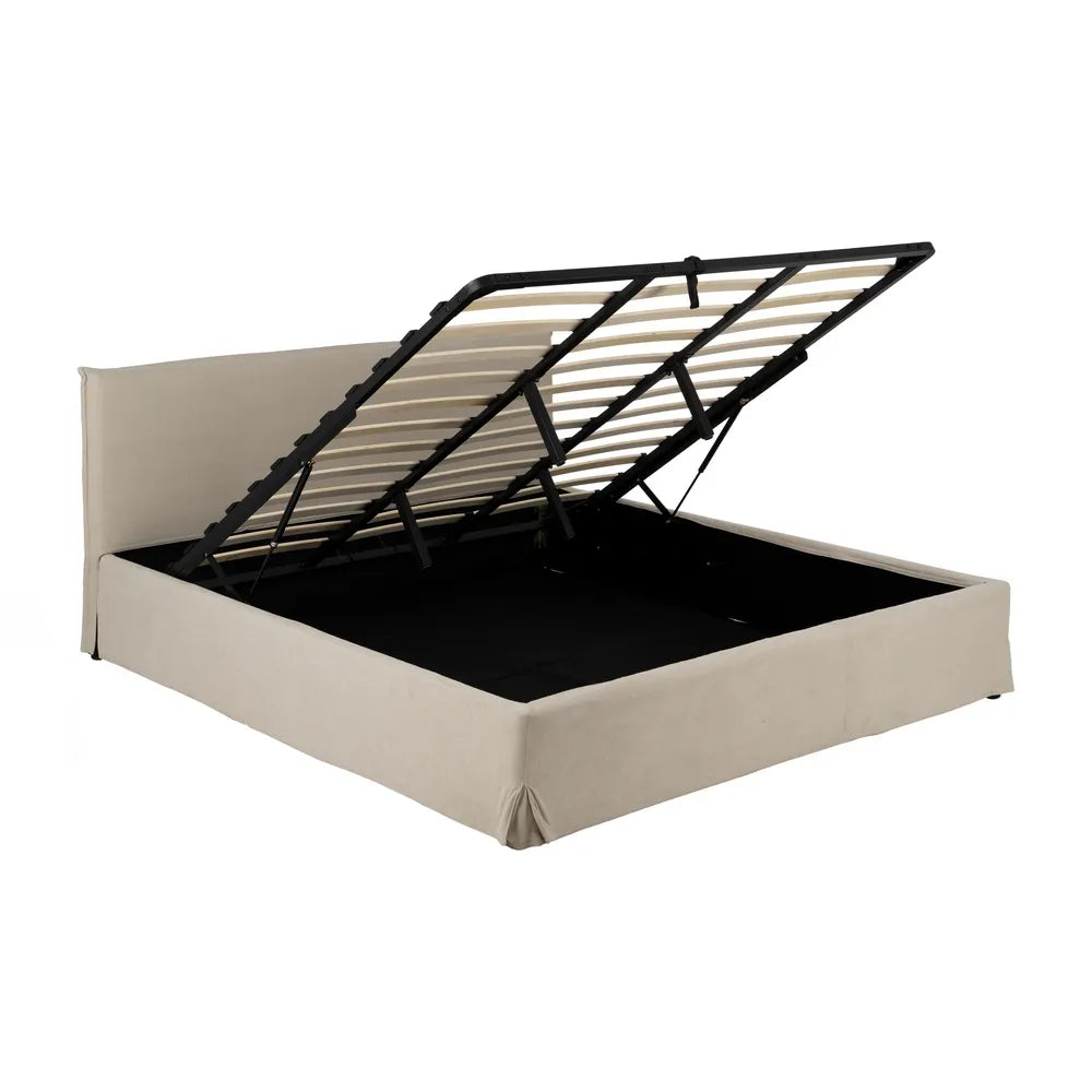 Raúl beige fabric storage bed with lift-up slatted base and minimalist upholstered headboard