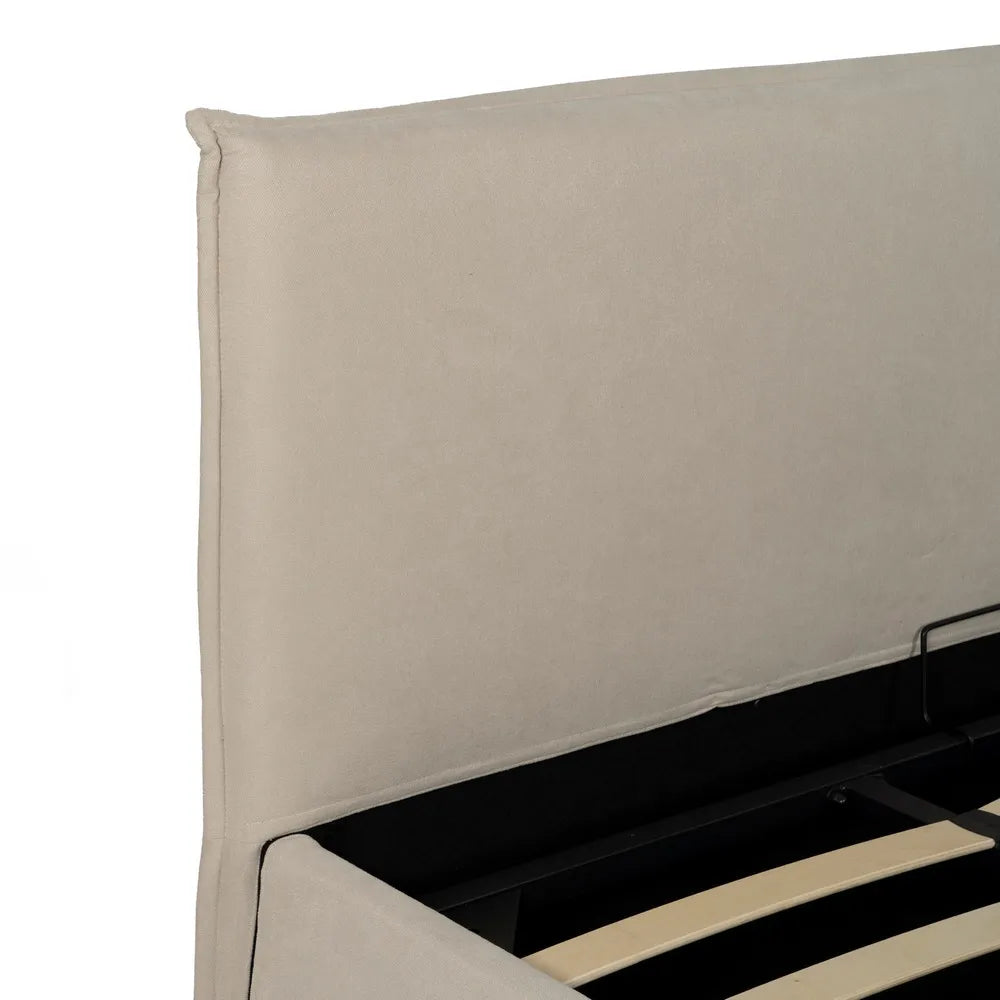 Raúl beige fabric storage bed with lift-up slatted base and minimalist upholstered headboard
