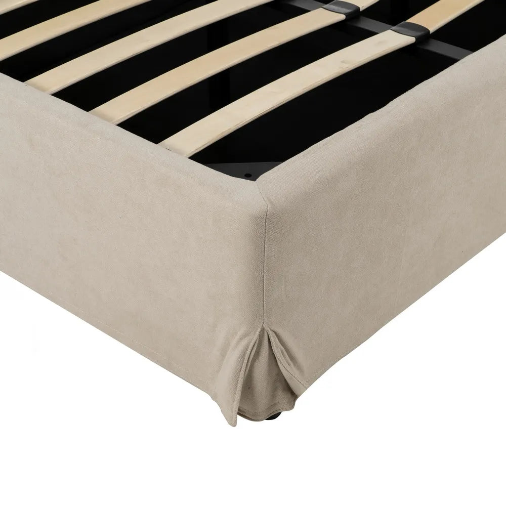 Raúl beige fabric storage bed with lift-up slatted base and minimalist upholstered headboard
