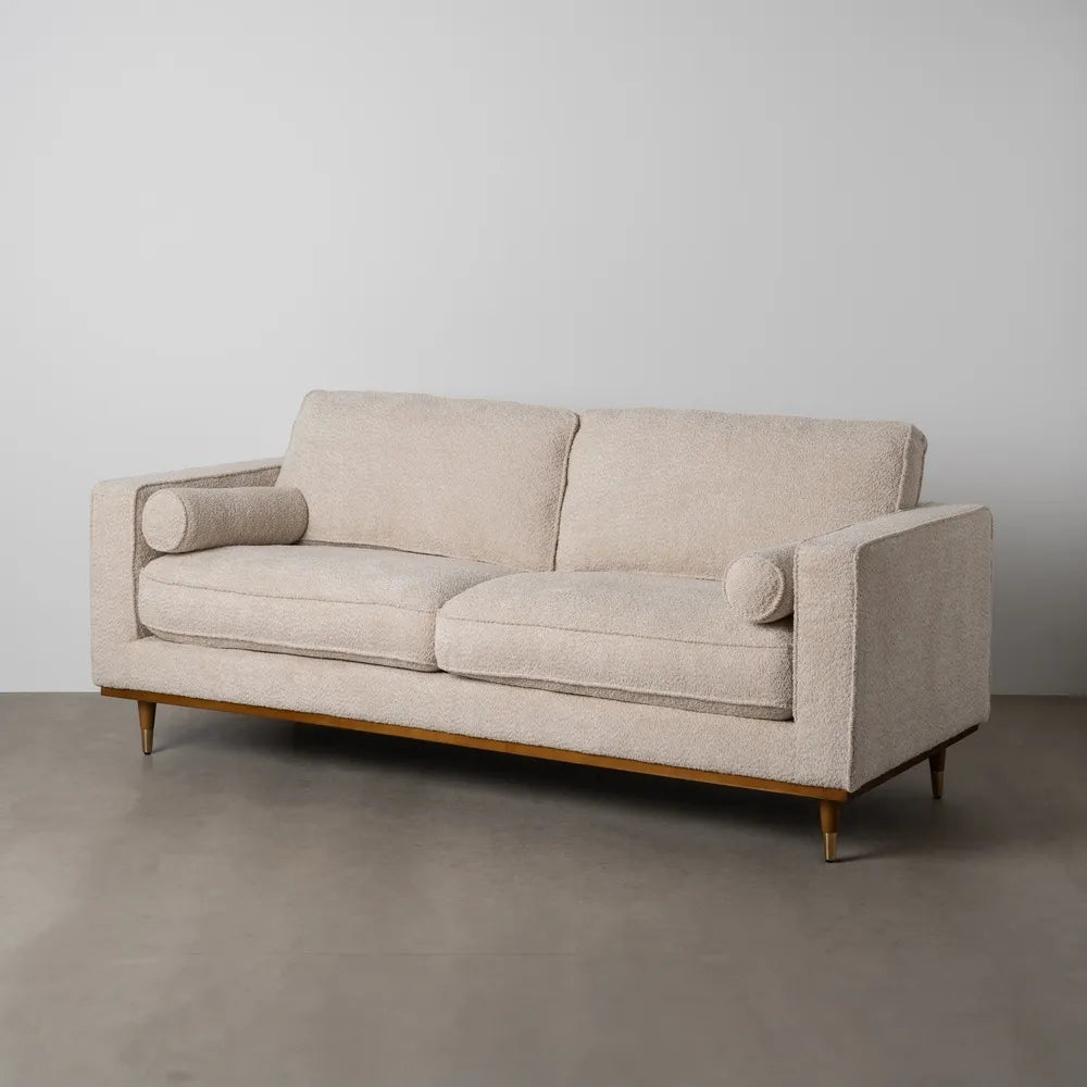 Ignacio 3 Seater Sofa Beige Weave-Wood with boucle-style fabric, bolster pillows, and wooden legs, 215 cm