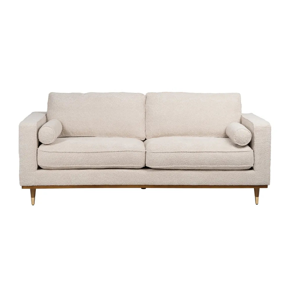 Ignacio 3 Seater Sofa Beige Weave-Wood with boucle-style fabric, bolster pillows, and wooden legs, 215 cm