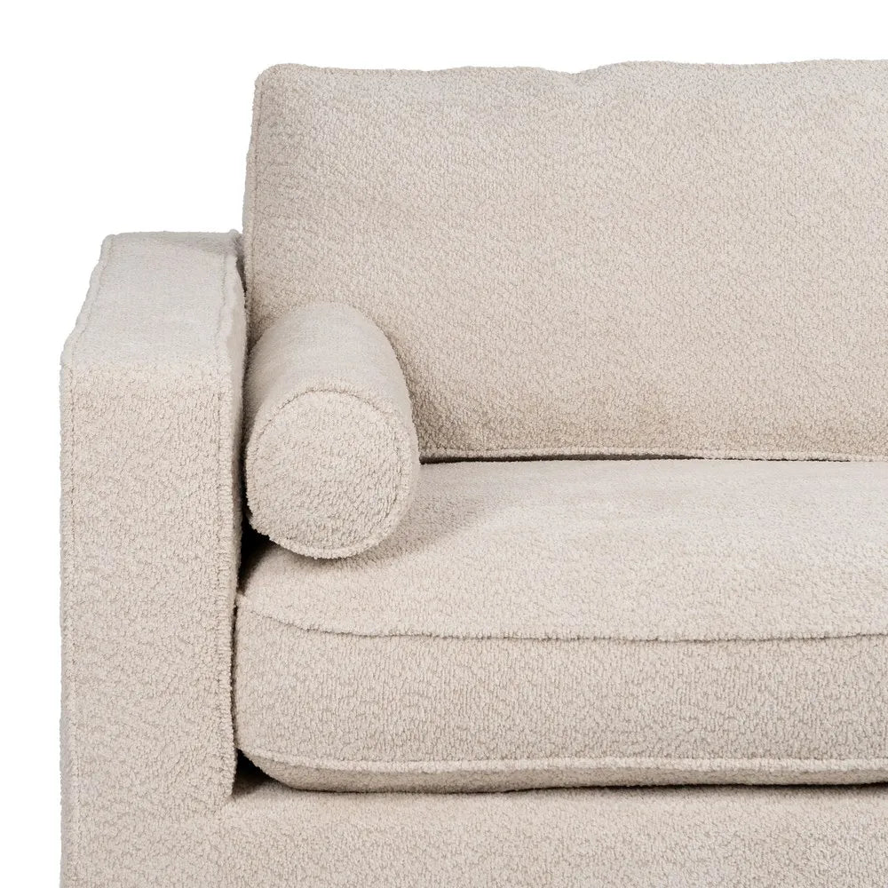 Ignacio 3 Seater Sofa Beige Weave-Wood with boucle-style fabric, bolster pillows, and wooden legs, 215 cm