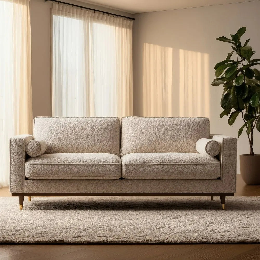 Ignacio 3 Seater Sofa Beige Weave-Wood with boucle-style fabric, bolster pillows, and wooden legs, 215 cm