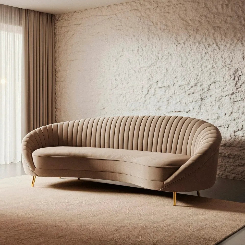 Marcos 3-Seater Sofa Taupe Old Fabric-Metal with curved backrest and gold legs