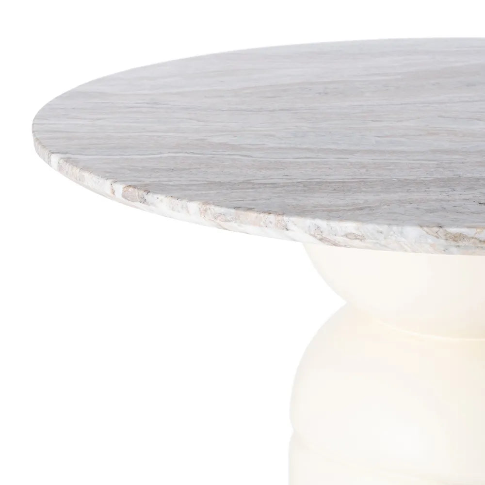 Biel Dining Table Marble/Wood with round marble top and sculptural cream wood base, 120 cm