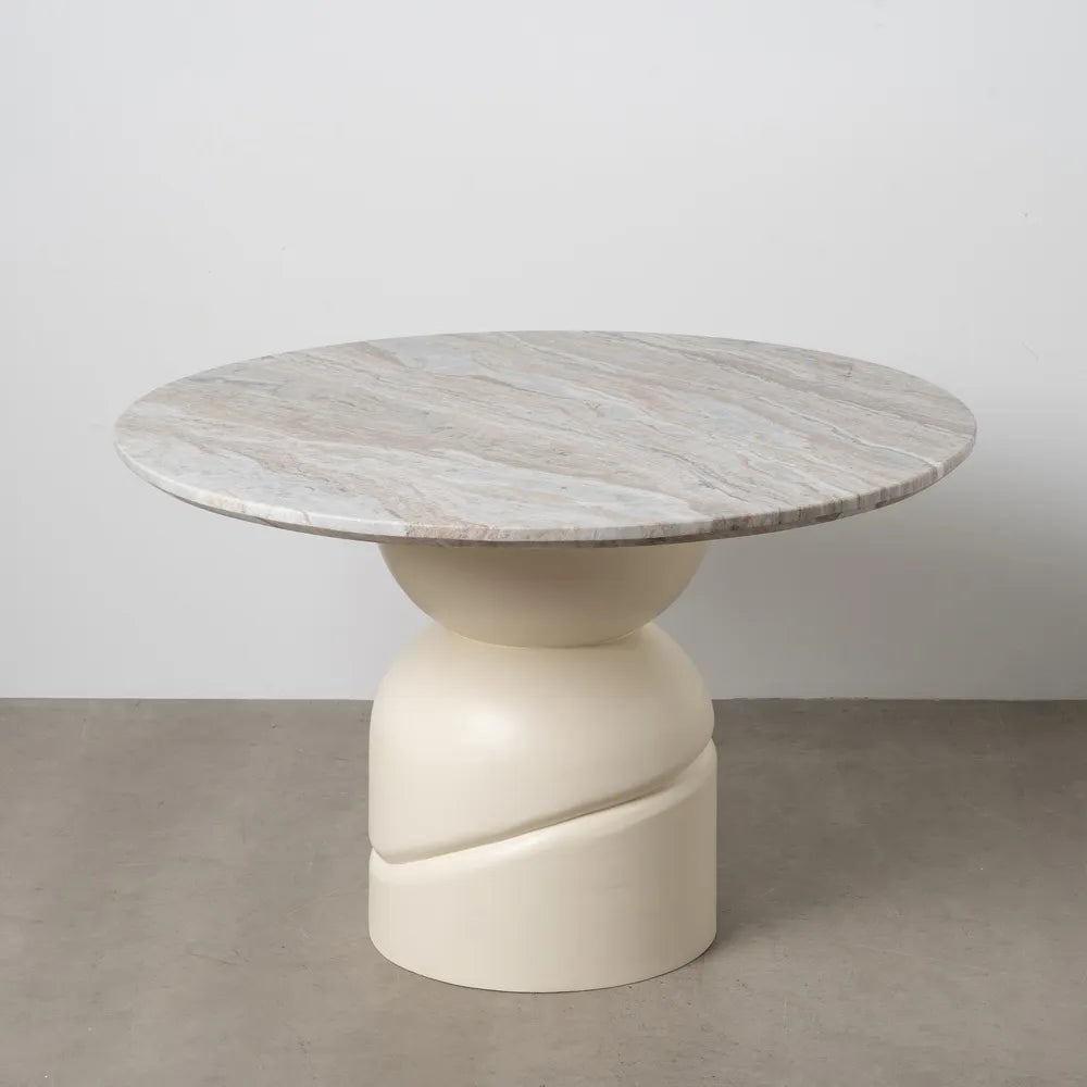 Biel Dining Table Marble/Wood with round marble top and sculptural cream wood base, 120 cm