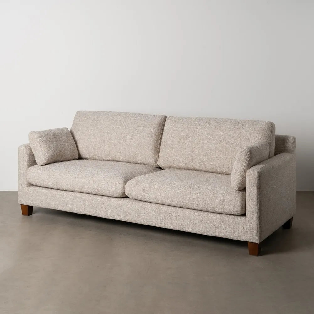 Gael 3 Seater Sofa Beige Weave-Wood with soft fabric cushions and wooden legs, 221 cm wide