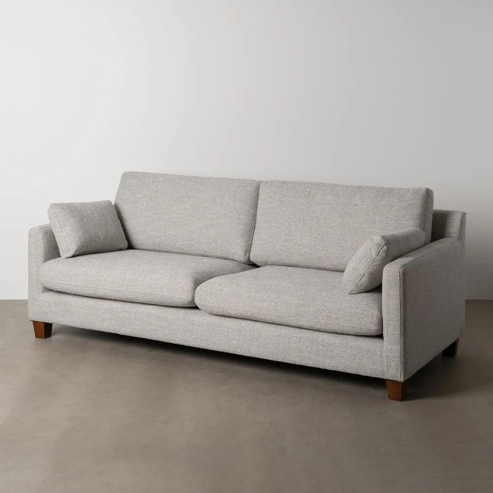 Fernando 3 Seater Sofa Grey Weave-Wood with minimalist frame, soft grey fabric and wood legs, 221 cm