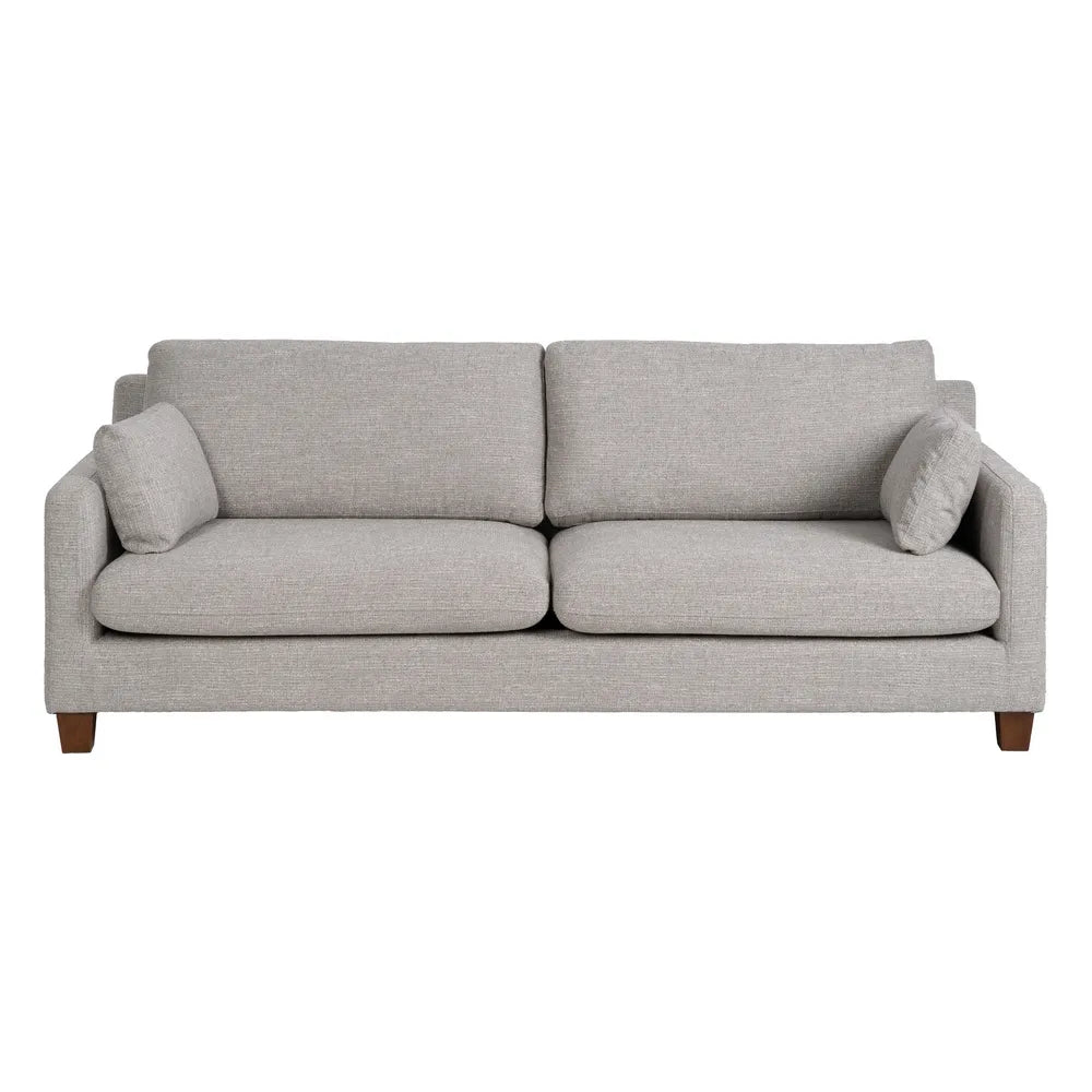 Fernando 3 Seater Sofa Grey Weave-Wood with minimalist frame, soft grey fabric and wood legs, 221 cm