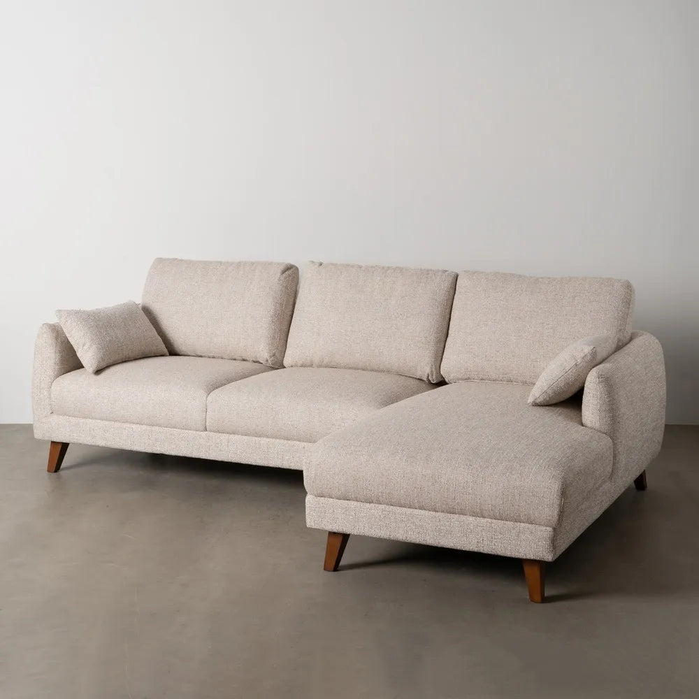 Federico Chaise Longue Sofa Beige Weave-Wood with right-hand chaise, wood legs, and soft beige fabric, 240 x 155 cm
