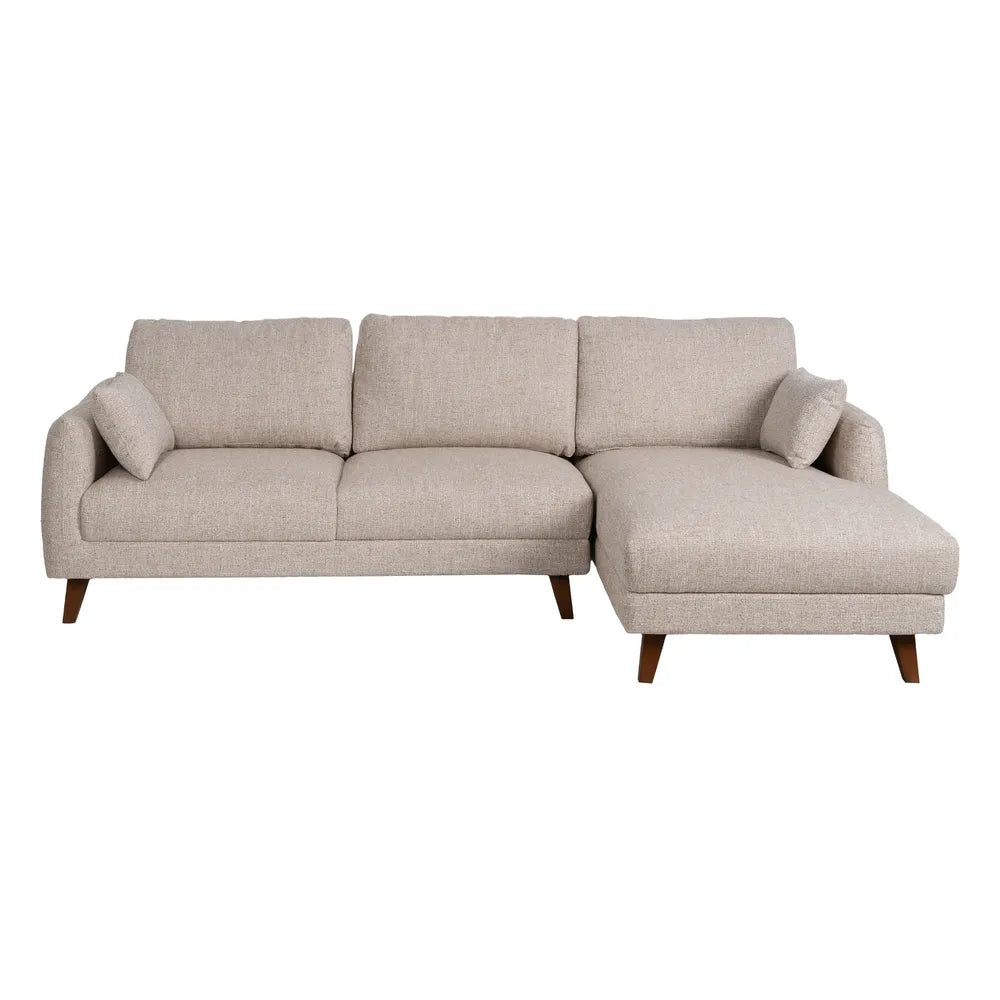 Federico Chaise Longue Sofa Beige Weave-Wood with right-hand chaise, wood legs, and soft beige fabric, 240 x 155 cm