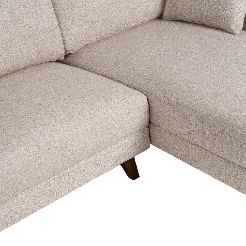 Federico Chaise Longue Sofa Beige Weave-Wood with right-hand chaise, wood legs, and soft beige fabric, 240 x 155 cm
