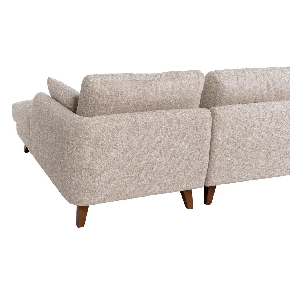 Federico Chaise Longue Sofa Beige Weave-Wood with right-hand chaise, wood legs, and soft beige fabric, 240 x 155 cm