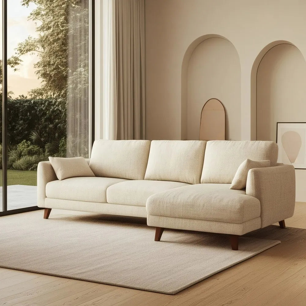 Federico Chaise Longue Sofa Beige Weave-Wood with right-hand chaise, wood legs, and soft beige fabric, 240 x 155 cm