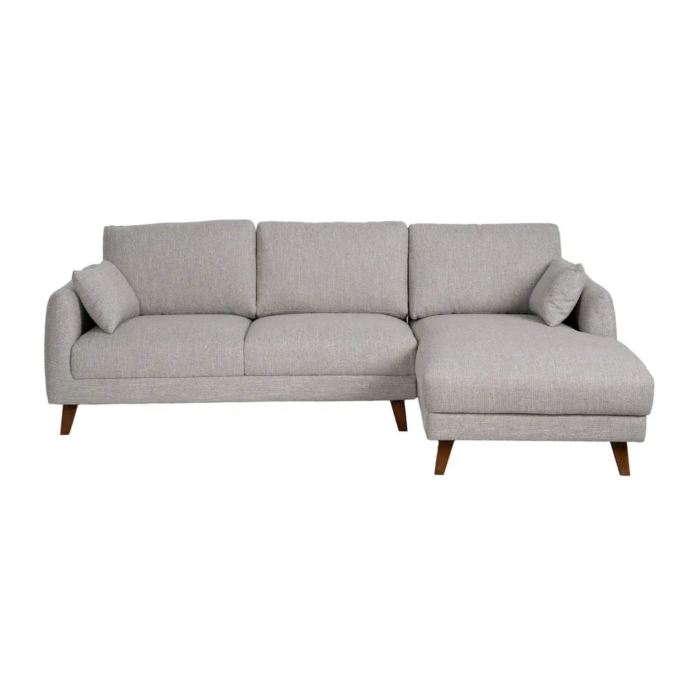 Fabio Chaise Longue Sofa Grey Weave-Wood with right-hand chaise, soft fabric, and wooden legs, 240 x 155 cm