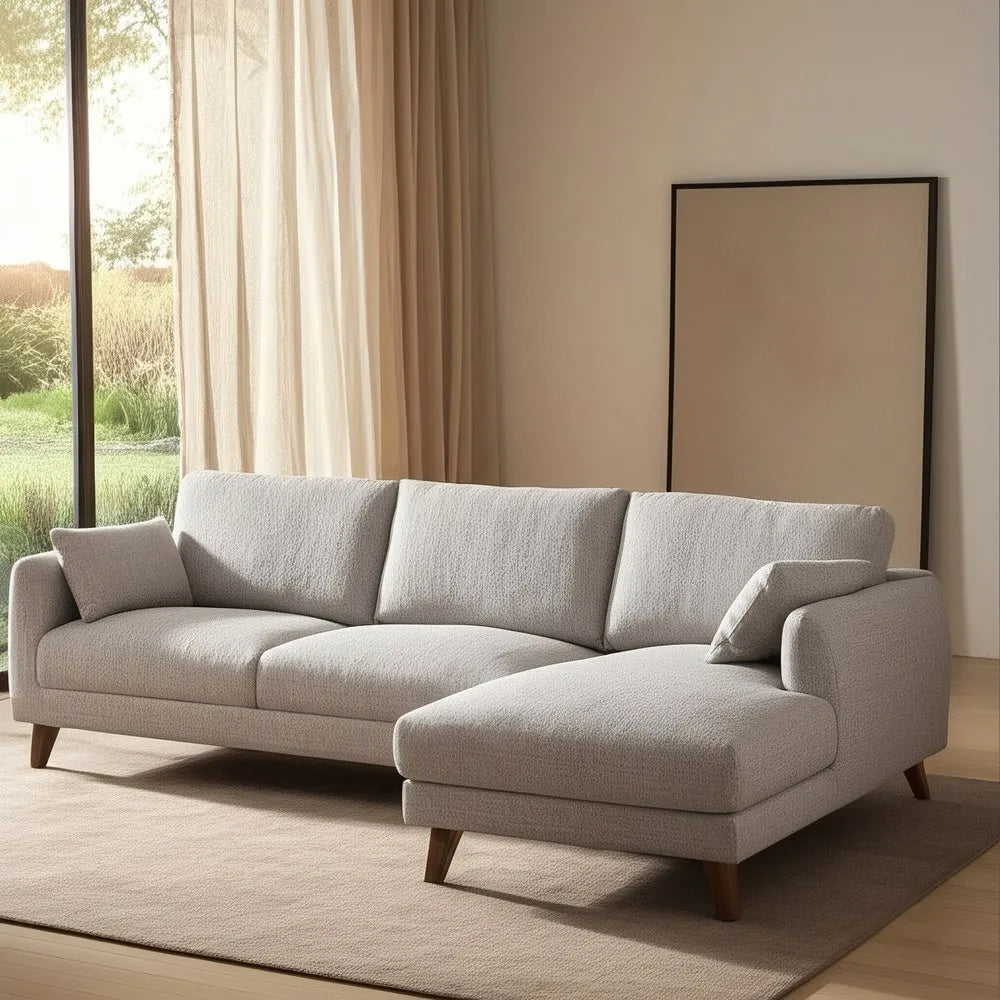 Fabio Chaise Longue Sofa Grey Weave-Wood with right-hand chaise, soft fabric, and wooden legs, 240 x 155 cm
