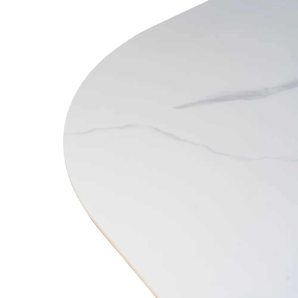 Carlos Dining Table White-Natural with oval white ceramic top and sculpted wood base, 180 cm
