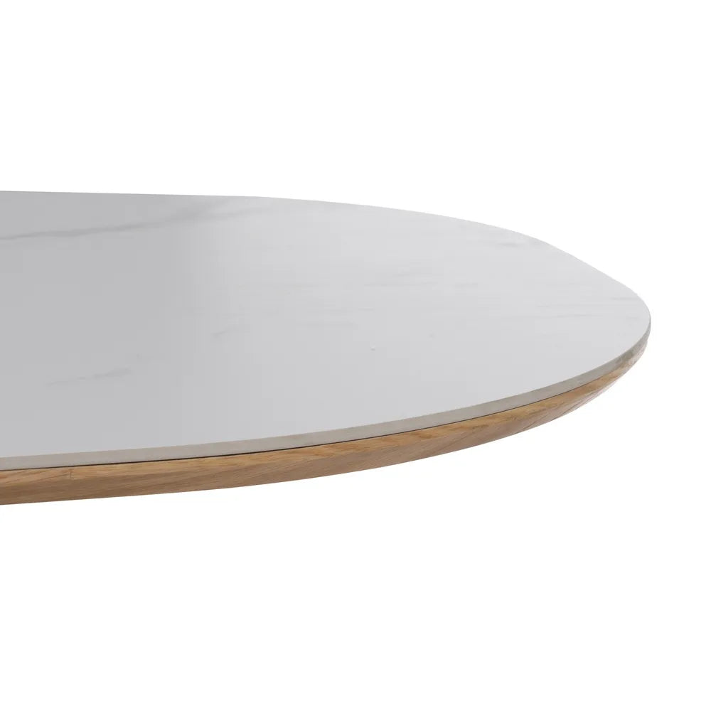 Carlos Dining Table White-Natural with oval white ceramic top and sculpted wood base, 180 cm