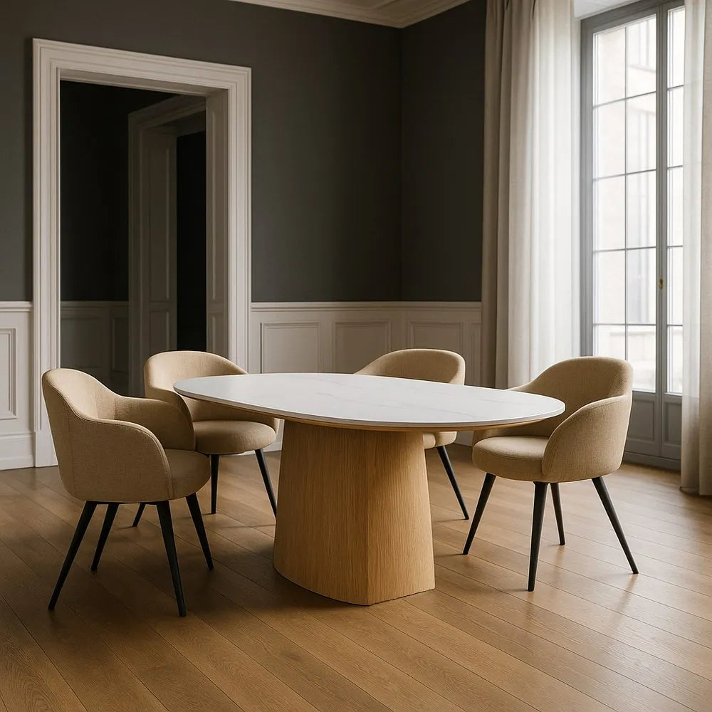 Carlos Dining Table White-Natural with oval white ceramic top and sculpted wood base, 180 cm
