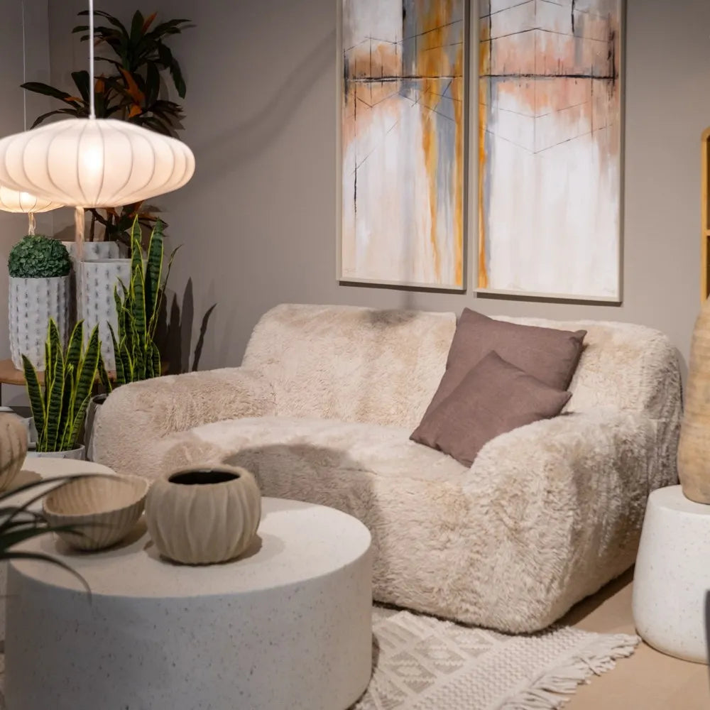 Verto abstract two-piece canvas set with warm earthy tones, linear design, and floating wooden frames by AK Interior Living.