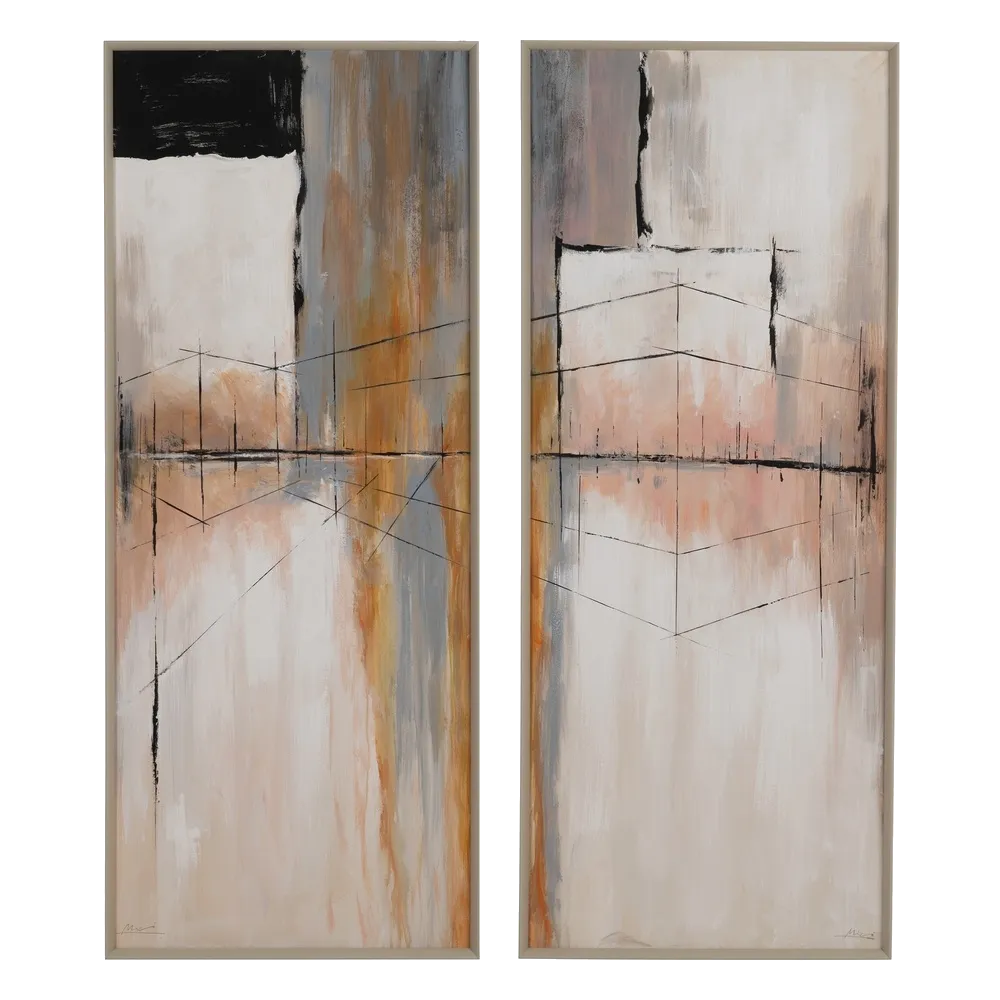 Verto abstract two-piece canvas set with warm earthy tones, linear design, and floating wooden frames by AK Interior Living.