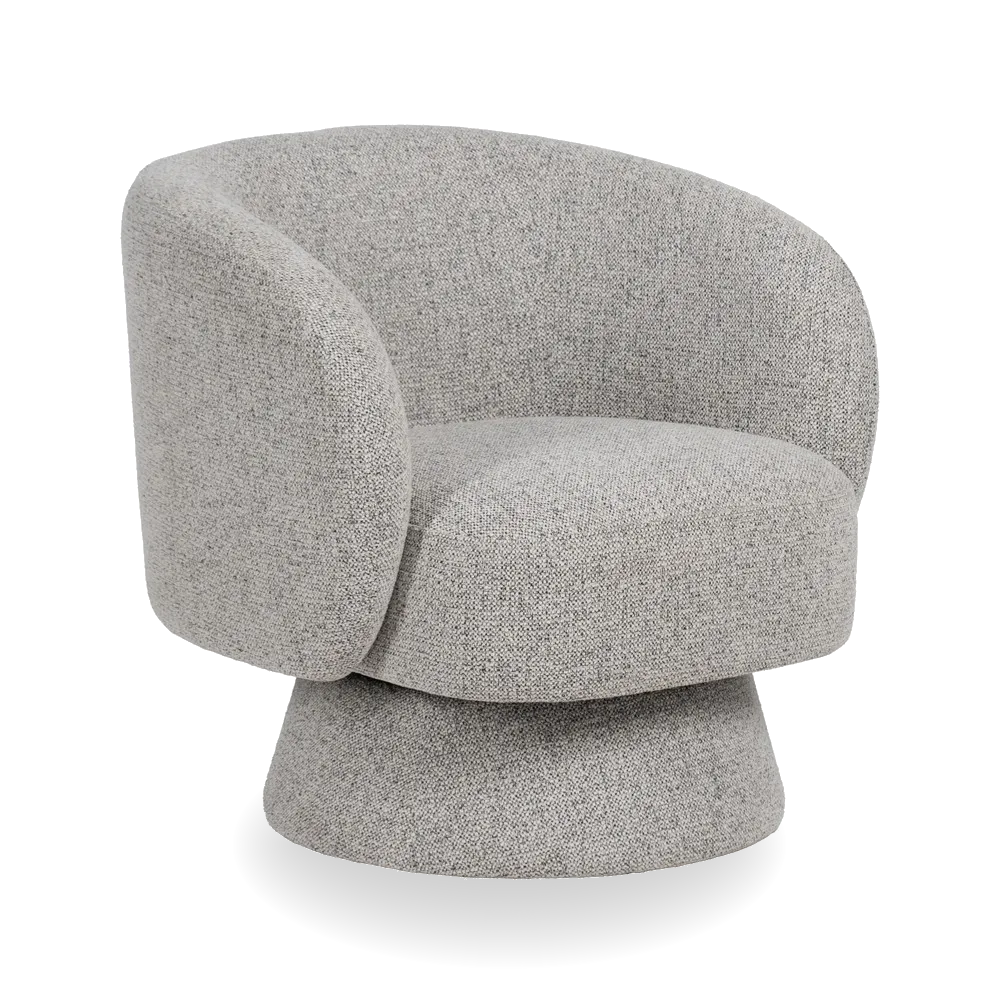 KAT fabric revolving armchair with curved backrest and rounded base from AK Interior Living